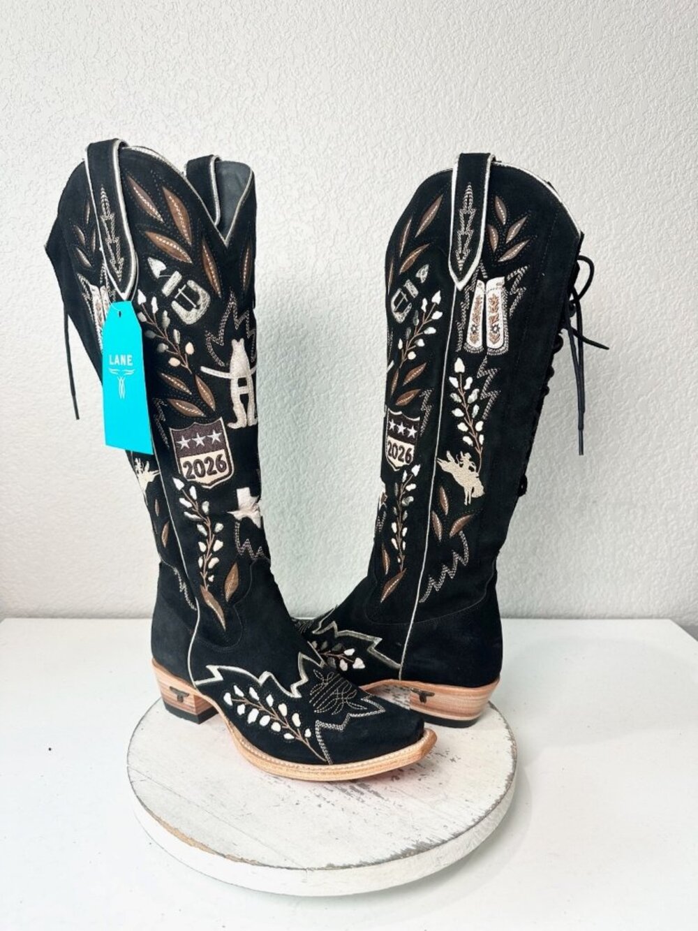 Lane RODEO HOUSTON Knee High Cowboy Boots Western Cowgirl Black Suede Size 7.5